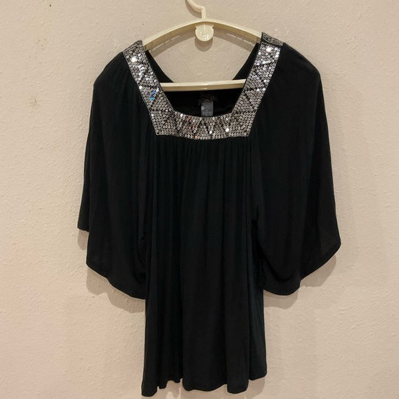 Forever 21 Flowy Blouse Square Sequin Neckline Flutter Sleeves Black Women’s Med - Picture 1 of 11